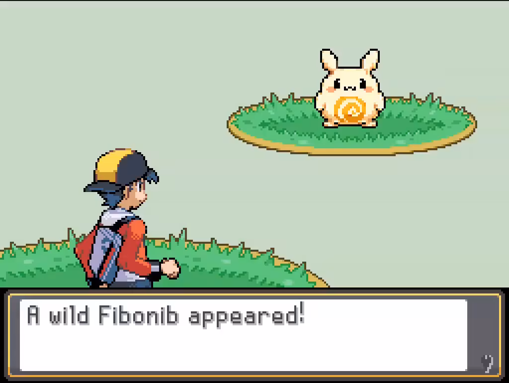 Cipherbound gameplay: a trainer facing a wild creature, over the line 'A wild Fibonib appeared!'